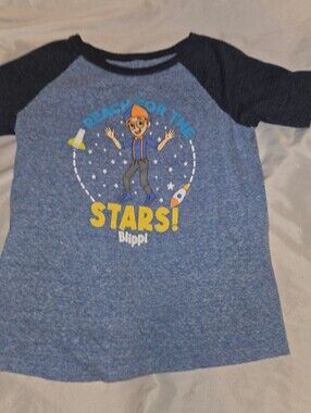 Blippi Boy's 'Reach for the Stars' Blue Raglan Kids Tee Shirt Size 7